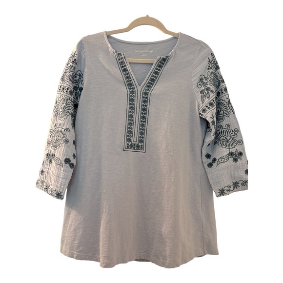 SOFT SURROUNDINGS tunic size small, light blue cotton with dark blue embroidery. - Picture 1 of 6
